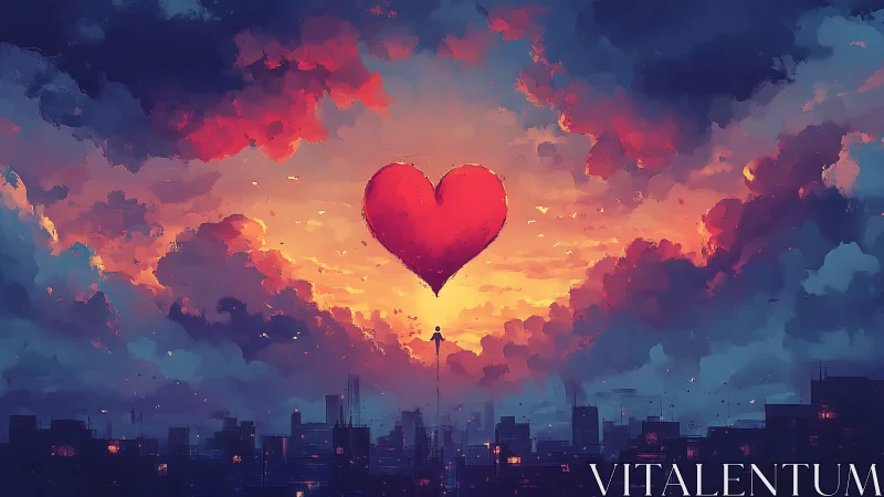 Giant Red Heart Floating Above Urban Skyline at Sunset.