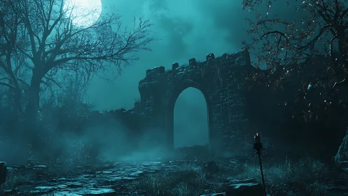 Moonlit ruins inhale fog as a ghost road slips through