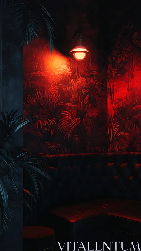 Crimson jungle wall glowing above moody leather booth.
