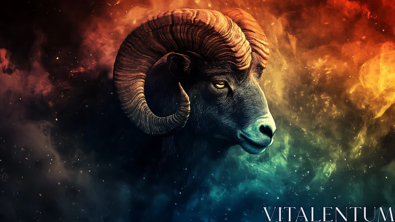 Ram head in glowing cosmic clouds with vivid colors.