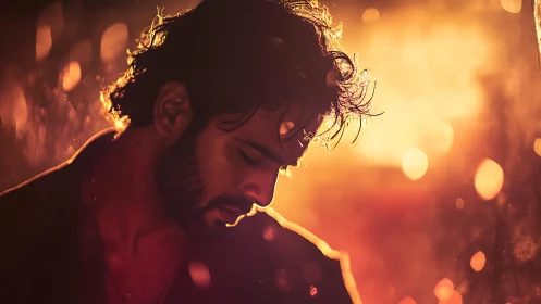 Silhouetted male profile in warm backlit environment.