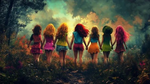 Seven girls holding hands in a dreamy forest, vibrant fantasy art.
