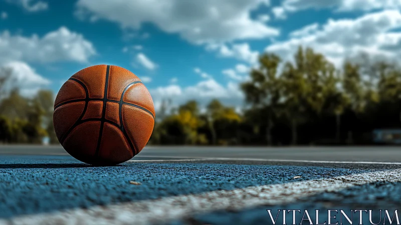 Basketball resting on outdoor blue court under sky.