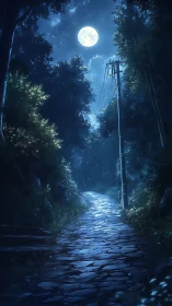 Moonlit stone path through wooded area with utility pole.