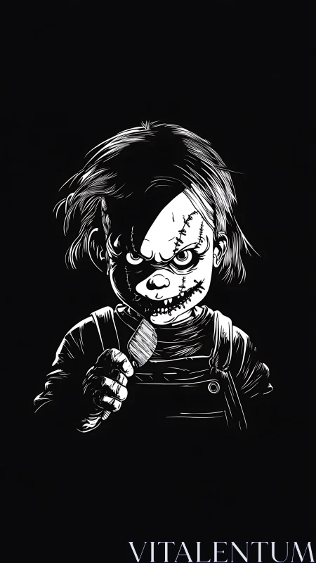 High-contrast ink rendering of stitched doll with knife poised.