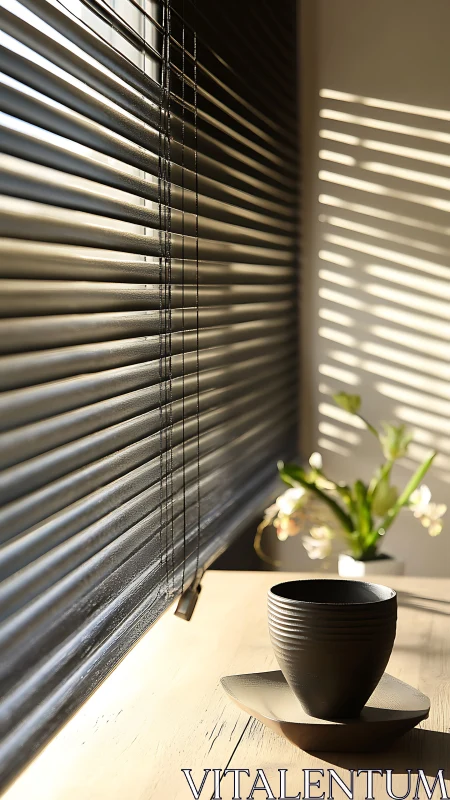 Window blinds and cup with afternoon light patterns.