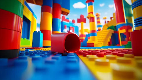 Colorful plastic building blocks city in close-up focus.