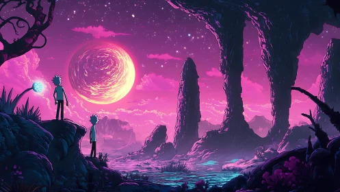 Neon alien mesa under swirling stellar vortex skyfield.