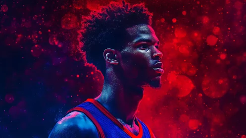 Basketball player portrait in bold red and blue lighting.