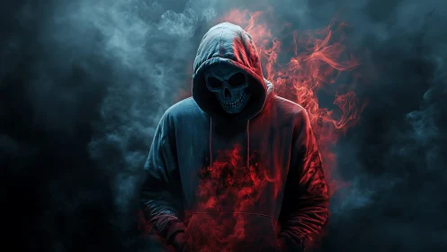 Hooded skull figure stands in dense blue and red smoke