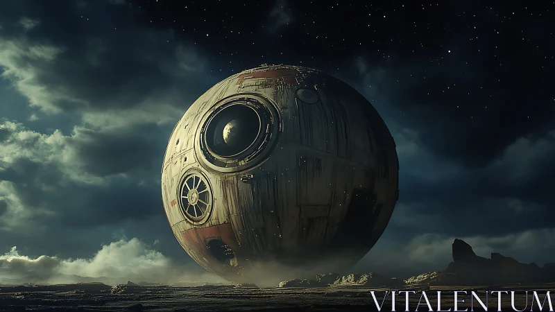 Stranded steel moon pod brooding under a restless alien sky.