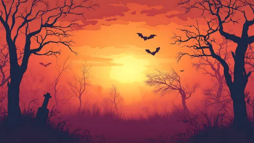 Dead trees and bats surround bright sunset over graveyard