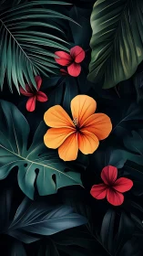 Tropical Flowers and Palm Fronds Botanical Composition Dark Background