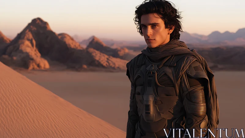 Desert-clad figure in tactical suit observes dunes at dusk