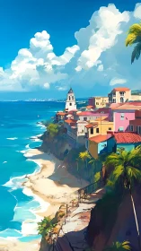 Clifftop Coastal Settlement with Church Tower and Geometric Architecture.