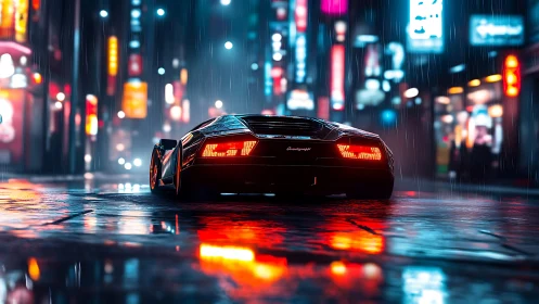 Low-slung supercar in neon-lit rainy cyberpunk city street at night