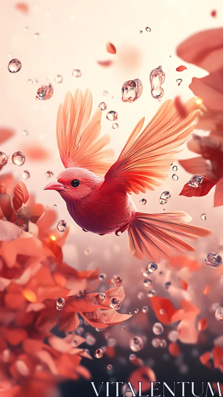 Coral-winged songbird gliding through floating crystal raindrops.