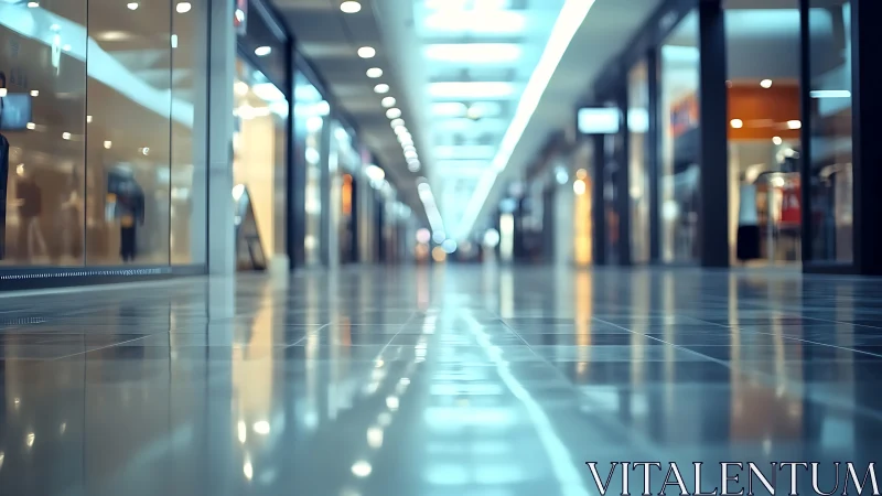 Empty mall corridor reflects cool LED ceiling glow.