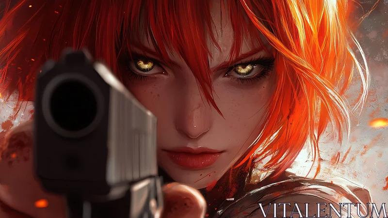 Red haired figure aiming handgun in close frontal view.