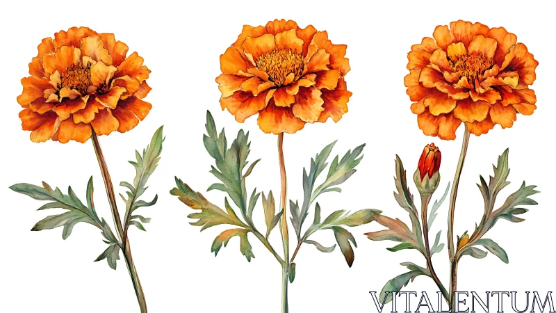 Botanical watercolor study of three orange marigold blooms
