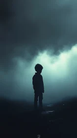 Child silhouette stands in misty backlight under looming storm
