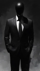 Faceless suited figure in chiaroscuro monochrome portrait.