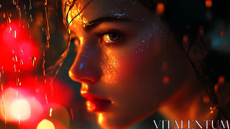 Neon side-lit portrait renders wet skin with cinematic realism