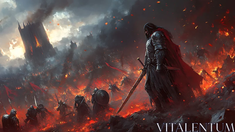Armored swordsman stands in volcanic battlefield with soldiers