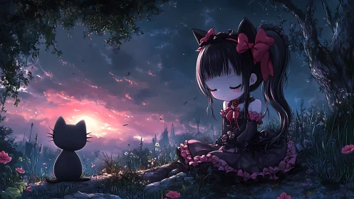 Gothic catgirl sits beside silhouetted cat at twilight