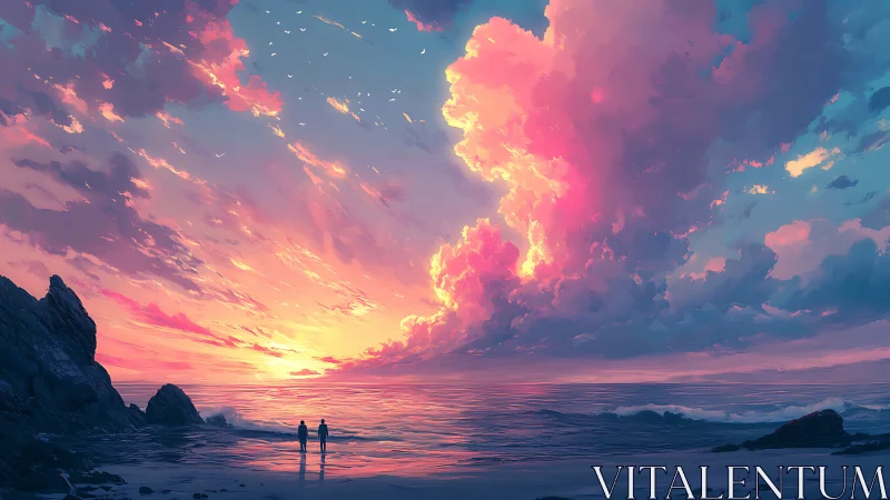 Radiant twilight clouds over tranquil shoreline figures.