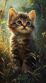 Luminous Kitten Portrait Amid Golden Vegetation Study