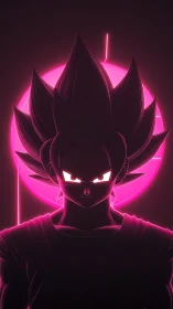 Silhouetted spiky-haired figure before neon pink circle.