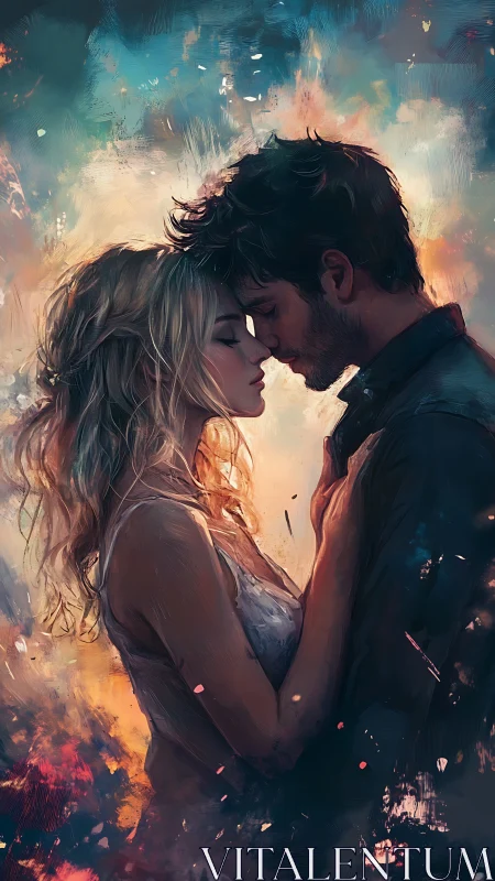 Romantic couple embracing with ethereal fire and light effects
