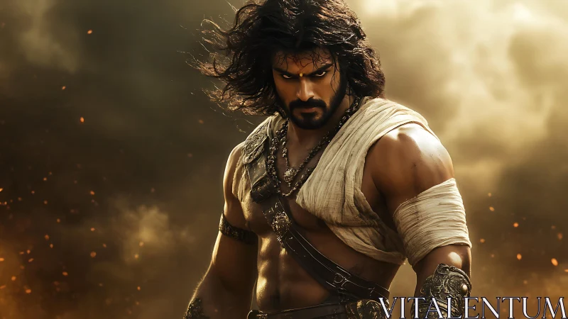 Battle-hardened warrior amidst blazing storm clouds.