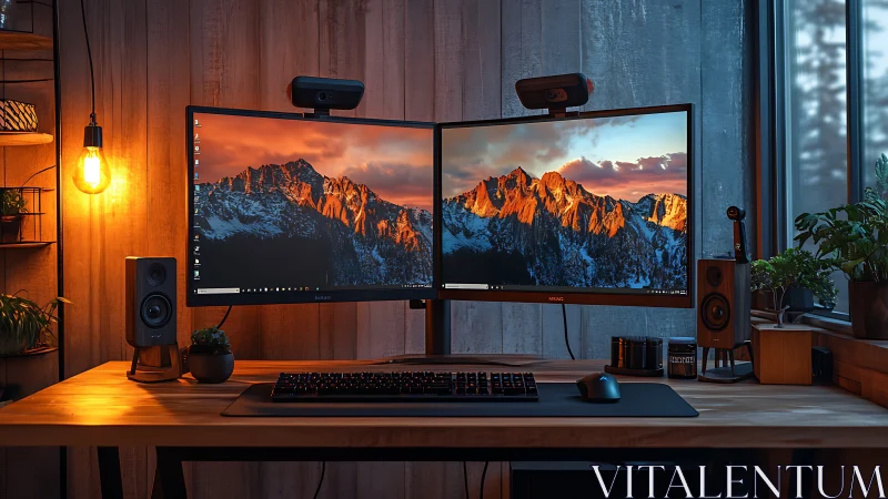 Dual ultrawide workstation in warm key lighting with balanced acoustics