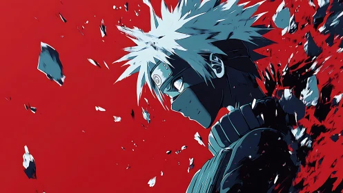 Stoic masked warrior amid explosive red shatterfield.