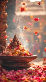 Hindu temple shrine with flowers, incense and warm light.