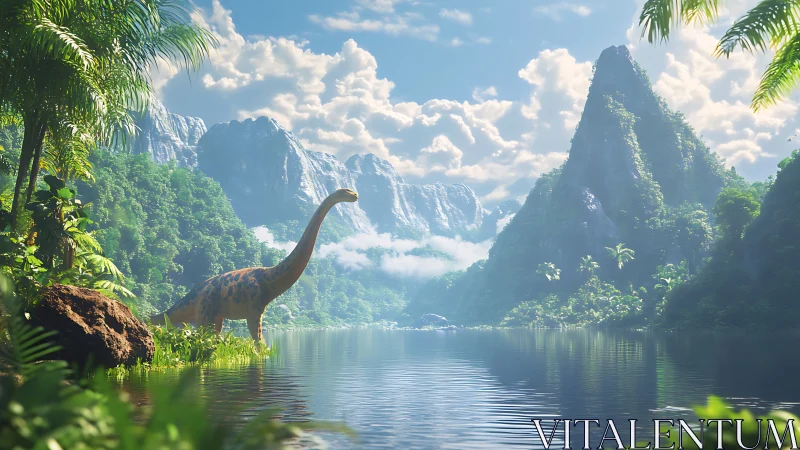 Sauropod dinosaur surveys misty lacustrine valley in sunlight