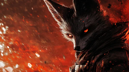 Anthropomorphic fox warrior portrait with ember-lit crimson bokeh