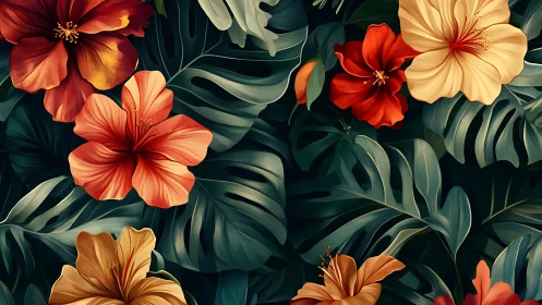 Vibrant tropical flowers bloom among lush monstera leaves in rich color.