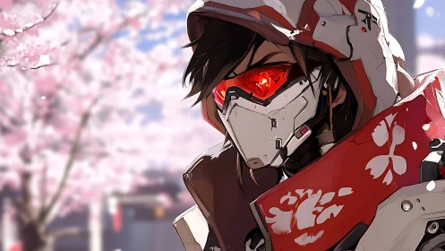 Cybernetic warrior in red hood against cherry blossoms.