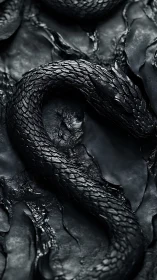 Midnight serpent resting on ripples of shadowed stone.