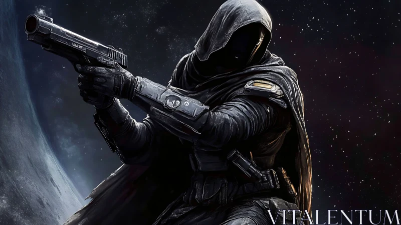 Hooded armored gunman is posed in space with drawn pistol
