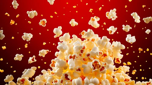 Exploding popcorn kernels suspended against vivid red backdrop.