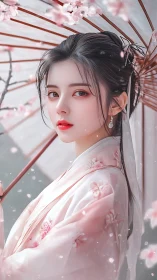 Digital hanfu portrait with cherry blossoms and parasol focus.