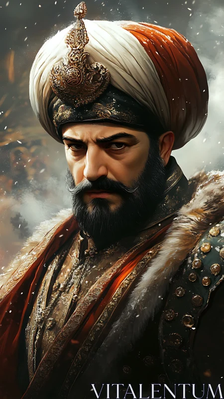 Ottoman noble in ornate winter regalia stares with resolve.