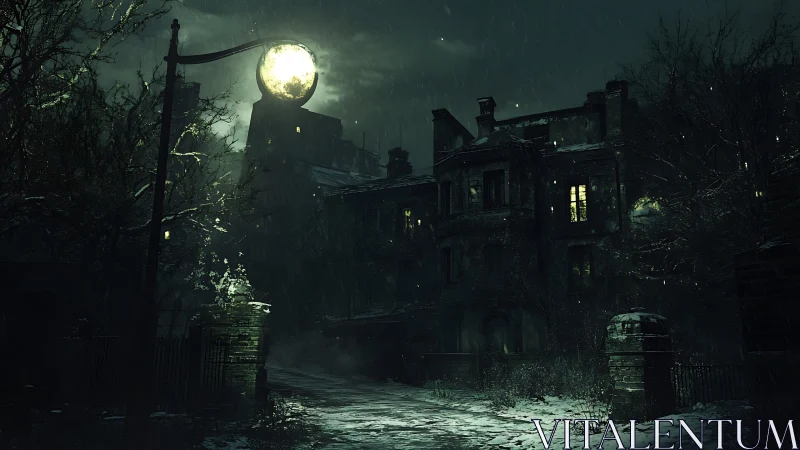 Moonlit asylum street where snow and shadows whisper.