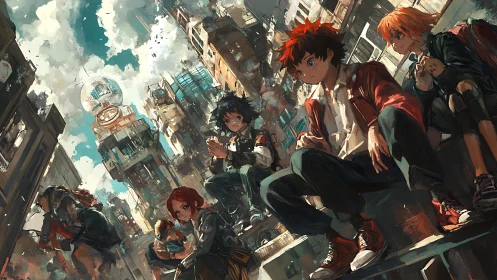 City rooftop friends share a bright pause above the bustle