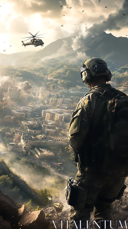 Armored soldier surveys bombed valley city under active air assault