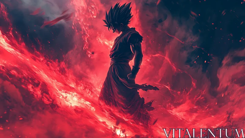 Silhouetted anime warrior in red plasma vortex energy field